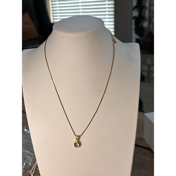Avon Gold-Tone Necklace With Teardrop Blue Crystal Pendant - Picture 3 of 8